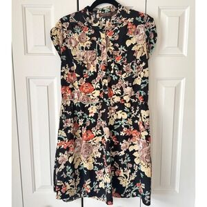 Speed Control New York Floral Button Down Shirt Dress Black Multi Size L
